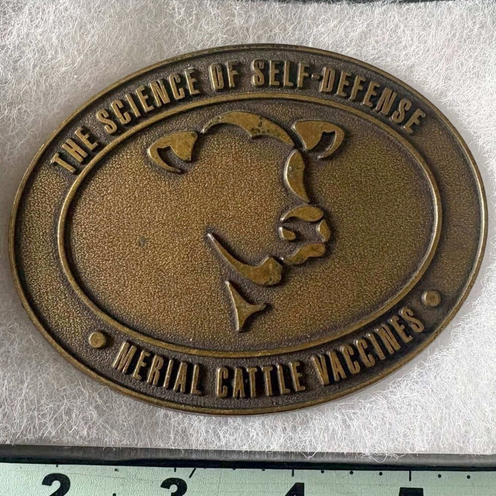 Vintage Merial Cattle Vaccines Belt Buckle Bronze Tone Cow Self Defense Promo